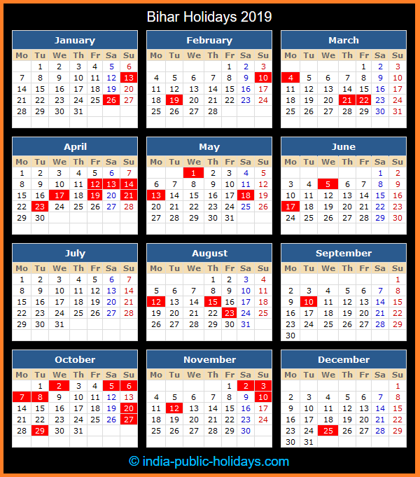 Bihar Holiday Calendar 2019